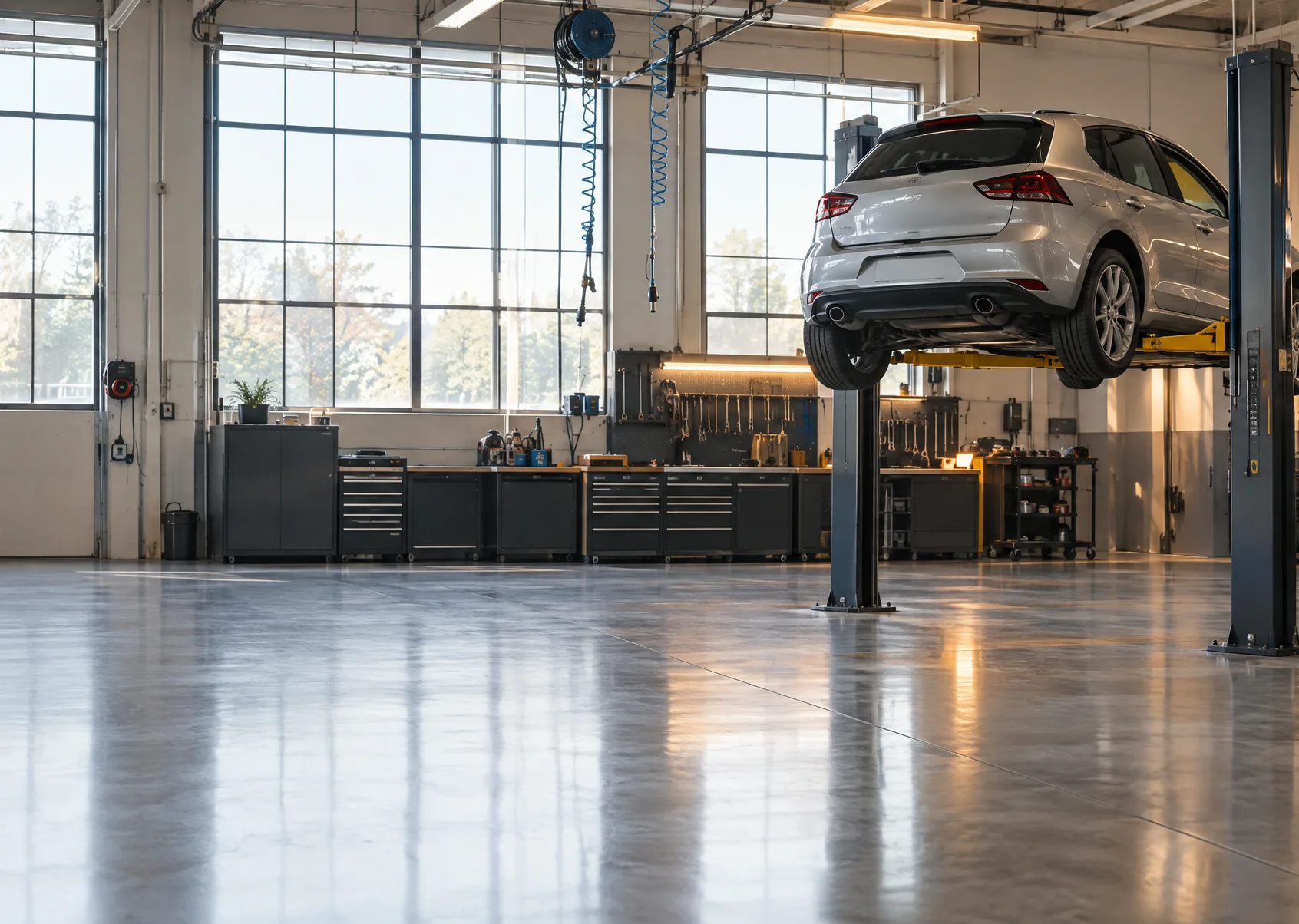 The workshop at Axle & Co, with a car raised on a two-post lift