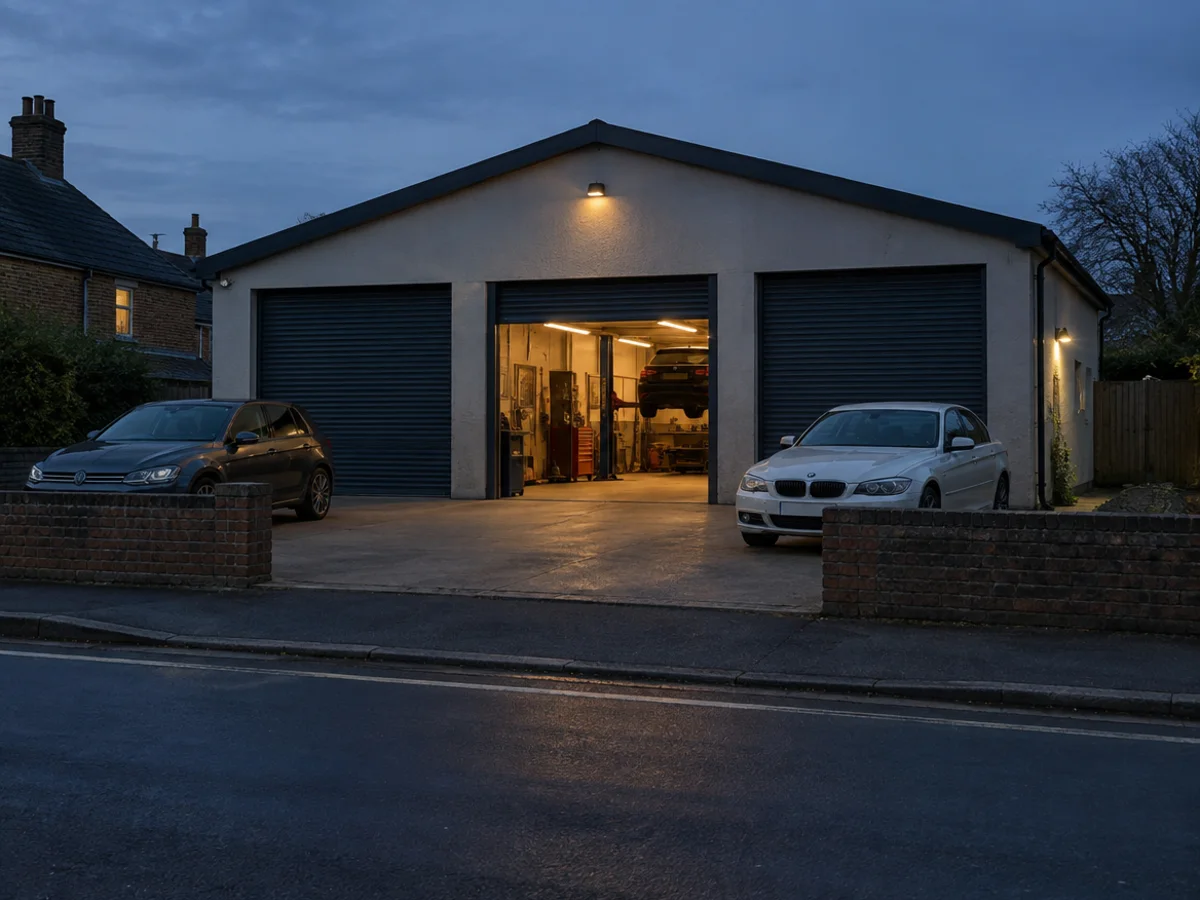 The front of the workshop on Kiln Road at dusk